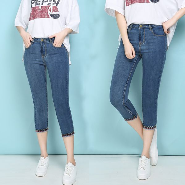 

korean summer women's clothes solid color large size seven points jeans female blue high waist was thin wild tight feet pants