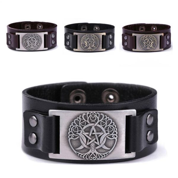 

skyrim triple moon goddess wicca amulet bracelet women tree of life vintage jewelry adjustable snap button cuff leather bracelet, Black