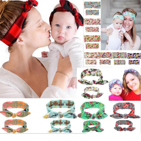 

multi colors mother baby rabbit headbands polka dots flowers print kids hair accessories fashion lovely bow kids baby parent hairband, Slivery;white
