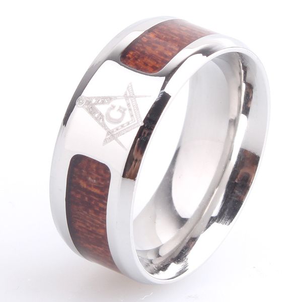 Alta qualidade aço inoxidável prata maçonaria ring bússola quadrada personaliza maçônica maçom sinais de emblema sinais de madeira embutido de madeira de 8 mm de largura