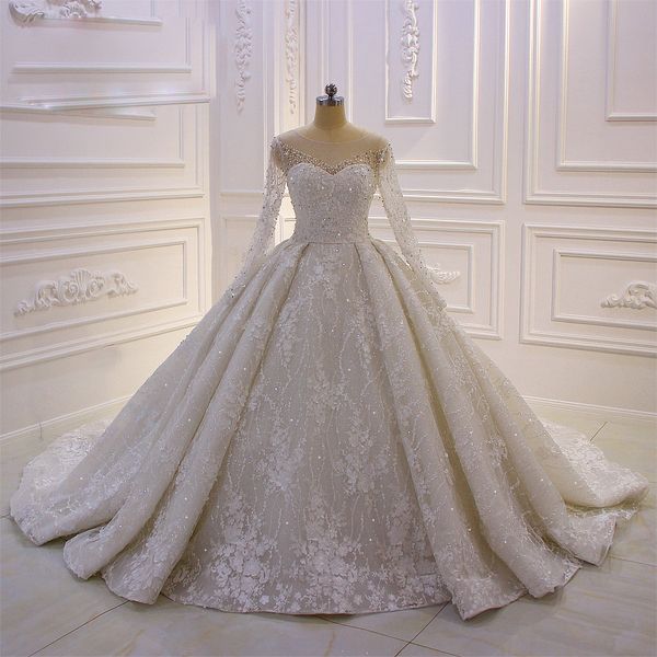 

brautkleider hochzeitskleid luxury lace bead crystal wedding dress long sleeve lace-up puffy sweep train bridal gowns, White