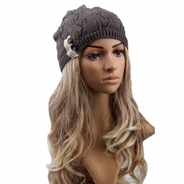 

new arrivals especially women button warm hat lace leaves hollow out knitting hat cap berets gorros mujer invierno boina, Blue;gray