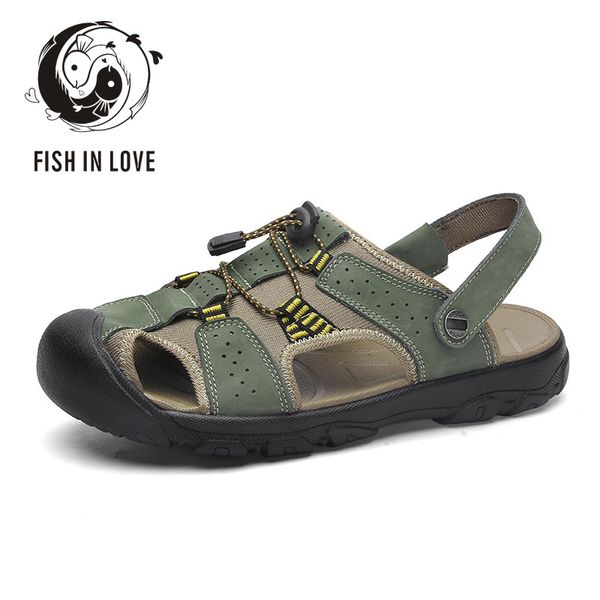 

fish in love sandals men shoes 2020 new gladiator roman men beach casual shoes summer genuine leather outdoor large size 38~50, Black