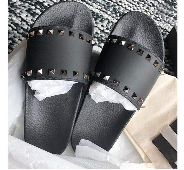 

men women slippers with box luxury designer ladies beach slipper tide male rivet stud slippers non-slip leather mens casual spikes shoes, Black