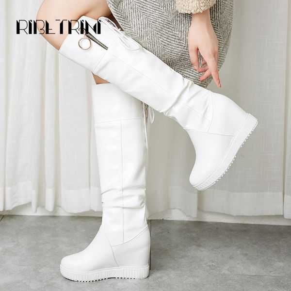

ribetrini fashion women knee boots 2019 hidden wedge autumn winter shoes woman round toe platform winter boots, Black