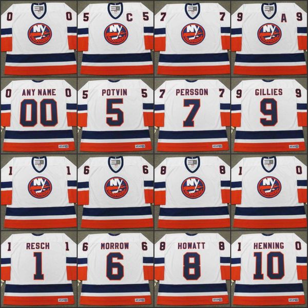 

new york islanders 1 glenn resch 5 denis potvin 6 ken morrow 7 stefan persson 8 garry howatt 9 clark gillies, Black;red