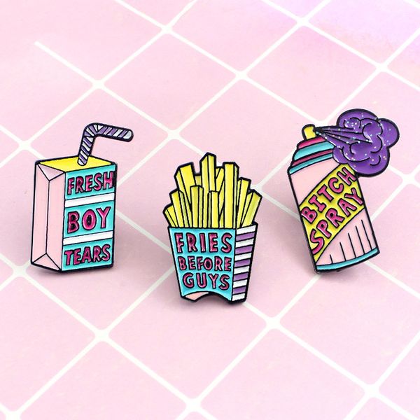 

3pcs lovely cartoon brooch pins cute lapel pins enamel brooches set french fries milk box spray denim jacket badge jewelry accessories, Gray