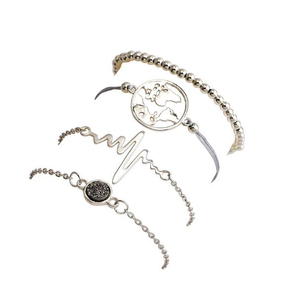 

4 pcs/set women alloy bracelet geometric beaded electrocardiogram bracelet, Black