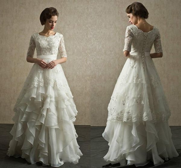 

vintage half sleeves wedding dresses scoop neck appliqued beaded tiered organza floor length muslim white beach wedding gowns lace up