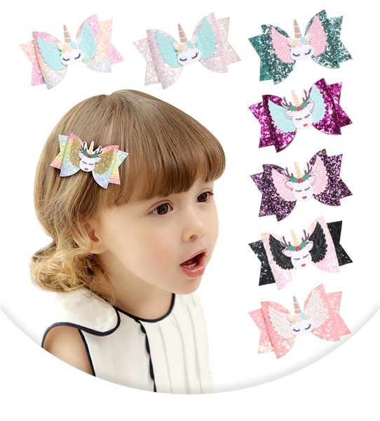 

3'' glitter leather elk unicorn bows lovely baby cartoon hair clips for princess girls handmade hairgrips, Slivery;white