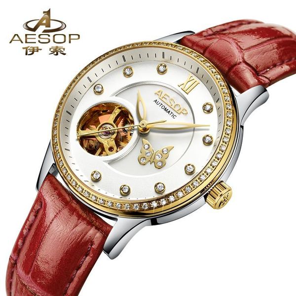 

aesop brand fashion women watch automatic mechanical wristwatch leather ladies clock waterproof montre femme, Slivery;brown