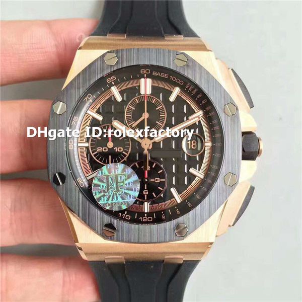 

Top JF Royal Oak Offshore 26401 Мужские часы из 18-каратного розового золота с черным циферблатом Керамическая рамка Швейцарский хронограф 3126 Автоматический 28800vph Водонепроницаемость