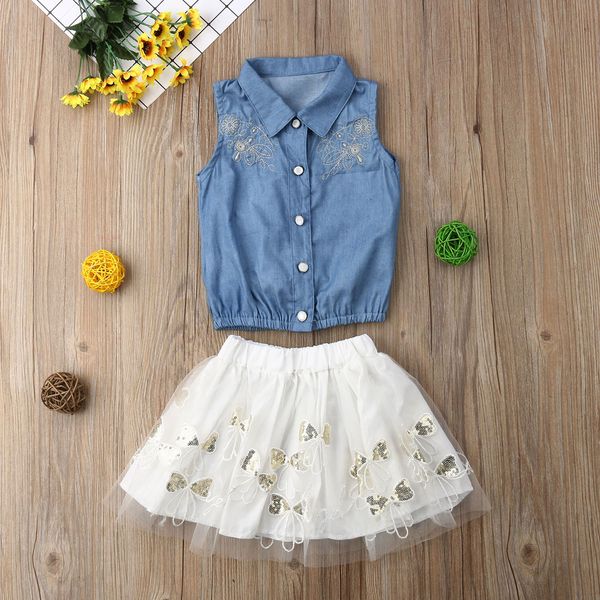 

Fashion Casual Girl Set 1Y-6Y Princess Kid Baby Girl Flower Denim Tops Tulle Tutu Dress 2PCS Outfit Sunsuit