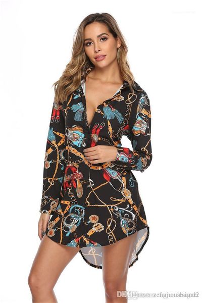 

print female clothing fashion style casual apparel womens summer designer shirts long sleeve lapel neck chain, White