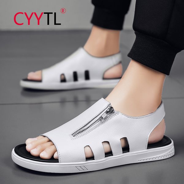 

cyytl men beach open toe breathable sandals slip-on zipper shoes casual leather sandals man soft slippers leisure flats, Black