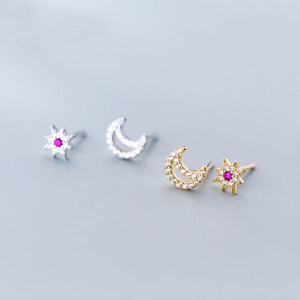 

mloveacc authentic 925 sterling silver moon & sun stud earrings for women cubic zircon earrings wedding jewelry, Golden;silver