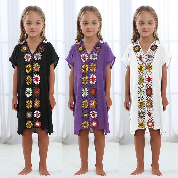 

child kids flower crochet dreess pareo beach swimsuit coverup beachwear kids shirt cover up and tunics dresses coverups ljja2591, Black;gray