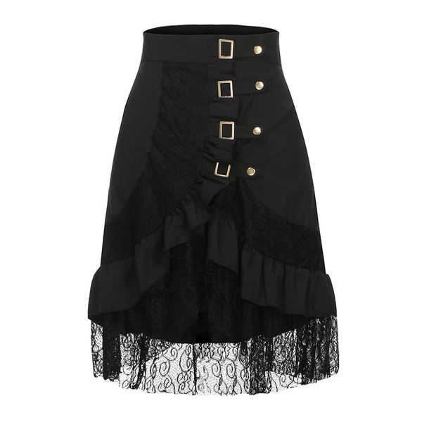 

2019 spring summer women's fashion solid steampunk clothing party club wear punk gothic retro black lace midi skirt jupe saia