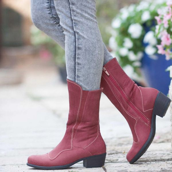 

women solid color leather boots mid-boots winter boots 2019 female pointed toe pu leather lady zipper low heel women, Black
