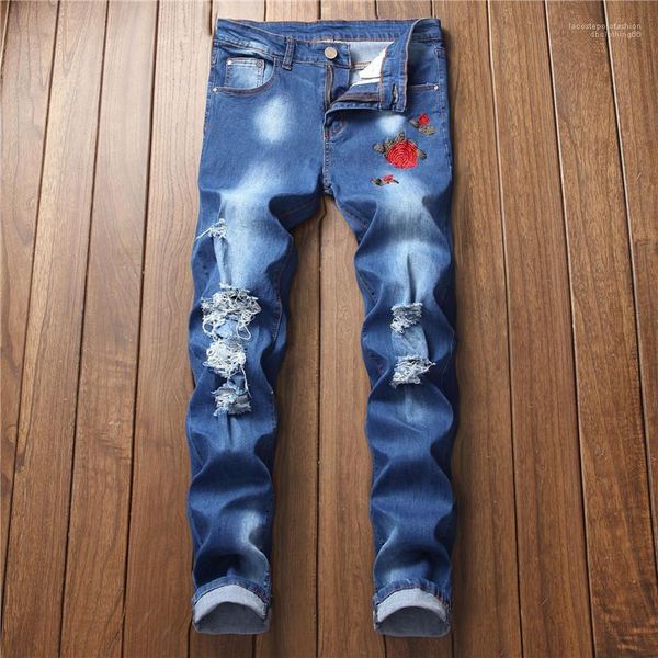 

color holes hiphop slim denim pencil pants casual mens jeans rose embroidery mens designer jeans blue