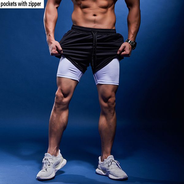 

summer running shorts men 2 in 1 sports jogging fitness shorts training quick dry mens gym men sport gym short pants, Black;blue