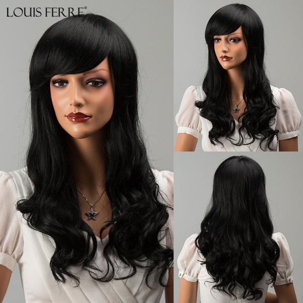 

louis ferre women long wavy cosplay party black synthetic hair wigs with side bangs heat resistant fibre fake hair daily wigs