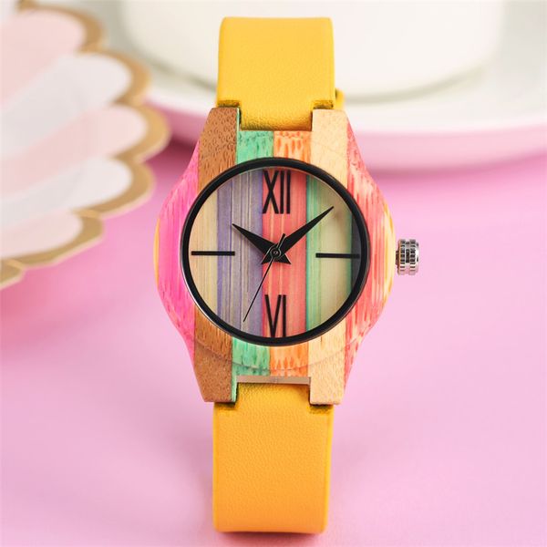 

reloj femenino trendy yellow pu leather lady wood watch minimalist fabulous colorful wooden quartz timepieces gifts female, Slivery;brown