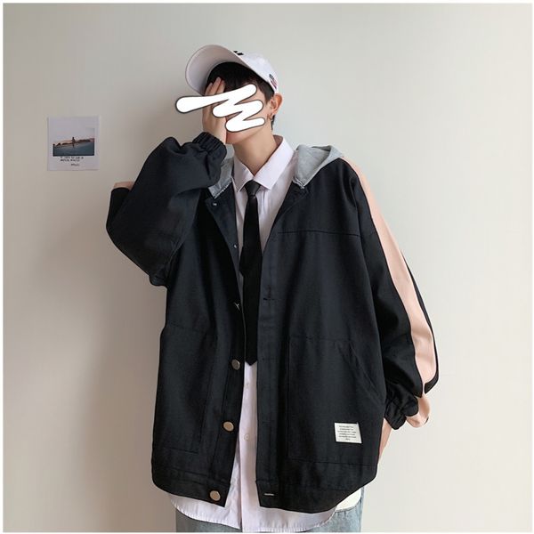 

men's jackets 2021 spring and autumn korean version of the hooded hit color jacket fashion casual loose large size shirt black / red, Black;brown