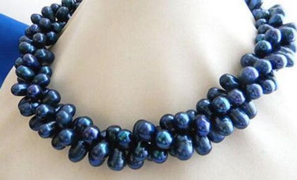 

3row 18" 7mmx9mm blue rice freshwater pearl necklace, Silver