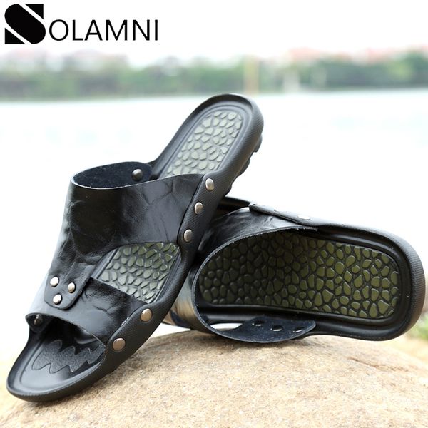 

genuine leather men sandals summer fashiom slippers men outdoor beach casual shoes male sandals water shoes sandalia masculina, Black