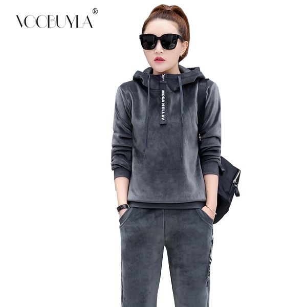 

2019 winter women running set plus velvet padded track suits 2 piece set hooded+ pants sportswear suit casual woman overalls 3xl, Black;blue