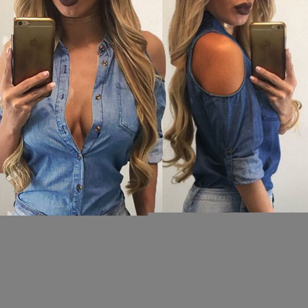 

spring off-the-shoulder lapel denim shirt women's clothing fashion denim top, White