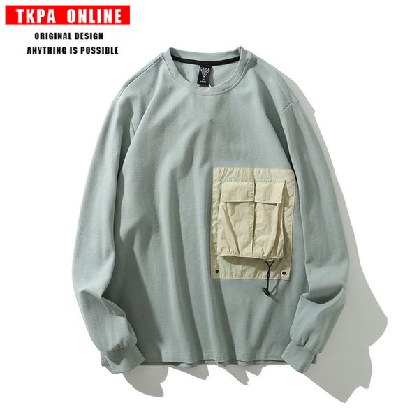 

japanese retro long-sleeved t men's tide brand stitching multi-pocket function wind thin section loose round neck sweater men
