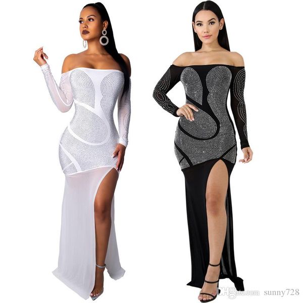 

rhionestones women evening dress with high split slash neck long sleeeves luxurious party dress floor length 2020 actual ps, White;black