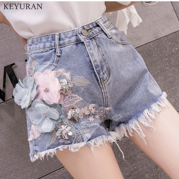 

3d flower sequins slim summer trendy casual shorts denim floral embroidered pattern short washed street jeans shorts female 3142, White;black
