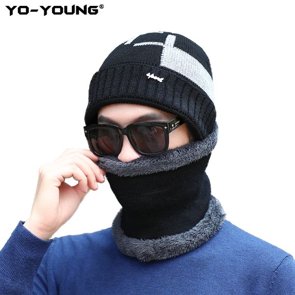 

yo-young 2 pcs winter hats skullies beanies hat for men women wool scarf caps balaclava mask gorras bonnet knitted hat