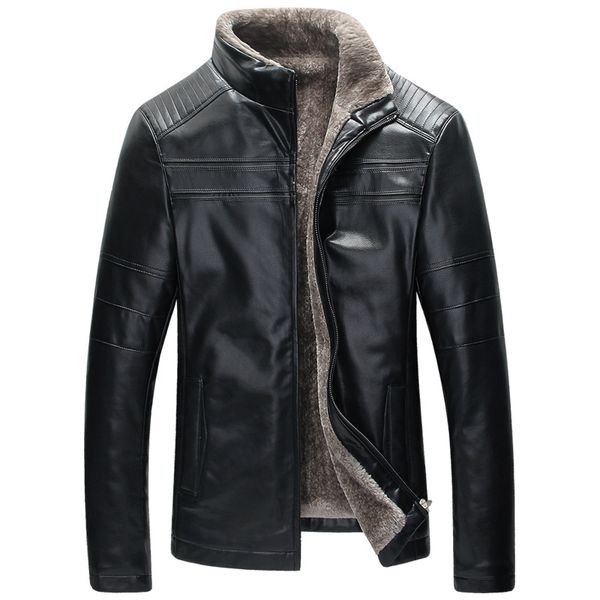 

men's pu leather jacket with thick warm fur collar fur coat, Black