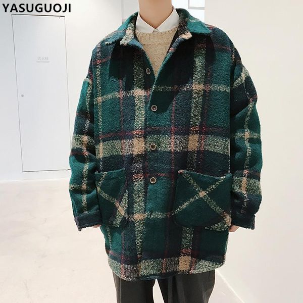 

yasuguoji new 2018 fashion chic oversize single breasted plaid loose long coat men outwear thick winter wollen coat men ndy16, Black