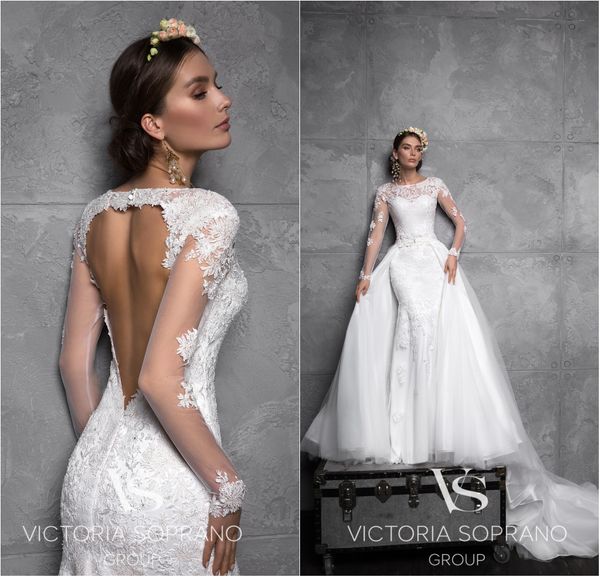 

new mermaid wedding dresses with detachable train jewel neck long sleeve lace bridal gowns plus size applique sweep train wedding dress, White