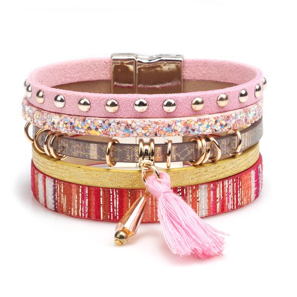 

women's bracelet 2019 fashion new multi-tassel leather personality ultra wide magnetic button bracelet jewelry, Golden;silver