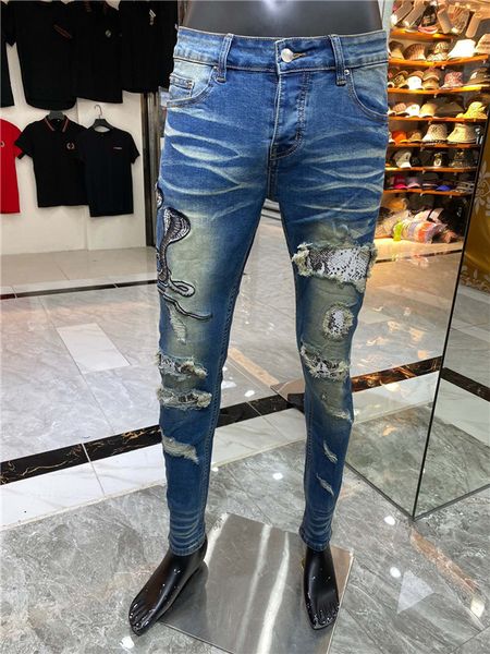 

luxury mens designer jeans pattern fashion side stripe jeans slim jeans skinny spliced ripped stree denim pants, Blue