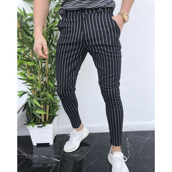 

2019 summer new casual pants plus size mens england retro dress pants formal stripe casual trouser, Black