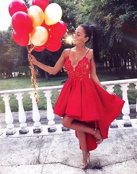 

red spaghetti straps satin high low prom dresses 2020 lace applique plus size sweep train party homecoming evening gowns vestidos ba6902, Black