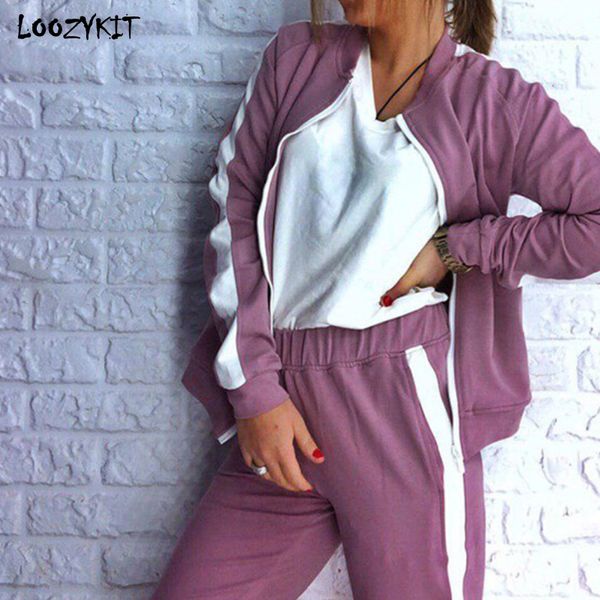 

loozykit 2019 womens fashion 2 pieces sweatshirt and long pants tracksuits set sportwear casual tracksuit suit side stripe, Black;blue