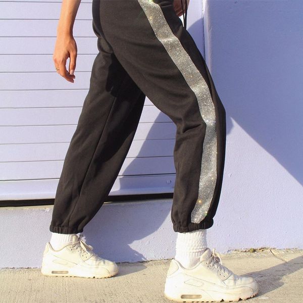 

high waist ankle-length pants diamond casual long trousers for women all-match elastic students baggy sweatpants loose styles, Black;white