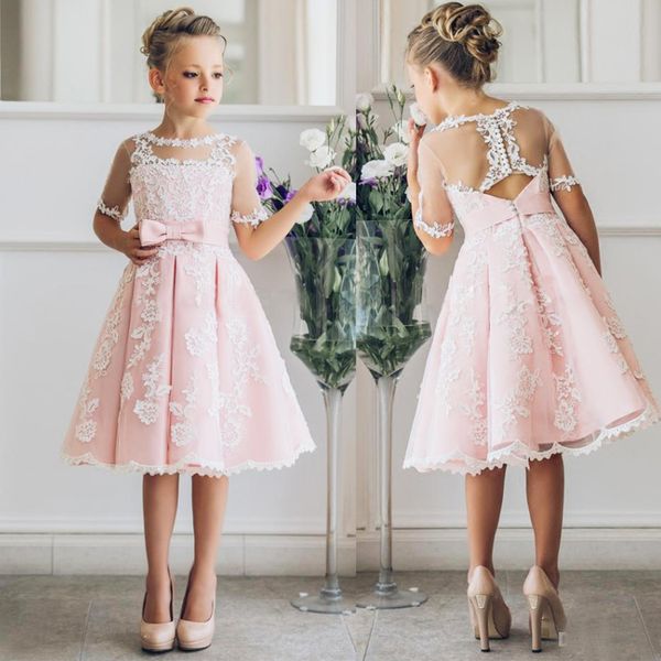 2019 Fantasia Blush Rosa Flor Meninas Vestidos Com Apliques Meia Mangas Na Altura Do Joelho Meninas Pageant Vestido Fita Arcos Para O Casamento