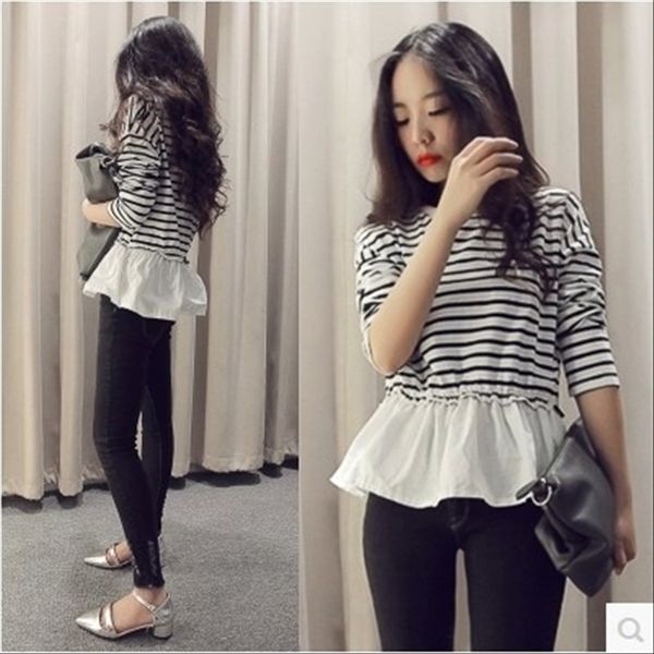 

slim striped contrast color long sleeve t- base shirt t-shirt flounces waist skirt student top, White