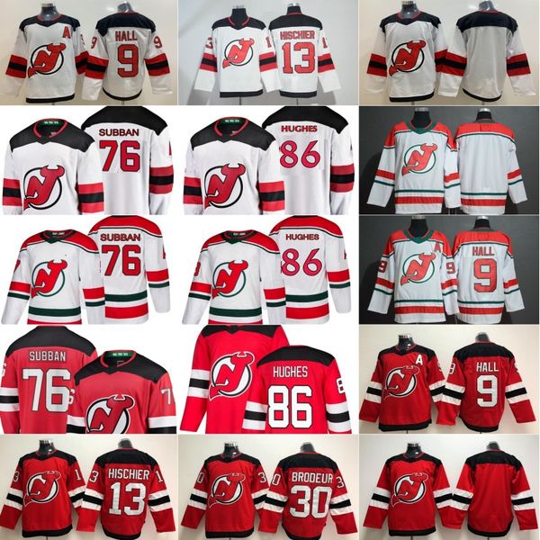 

New Jersey 76 P.K. Subban Devils 86 Jack Hughes 9 Taylor Hall 13 Nico Hischier 30 Martin Brodeur 35 Cory Schneider Red White Hockey Stitched