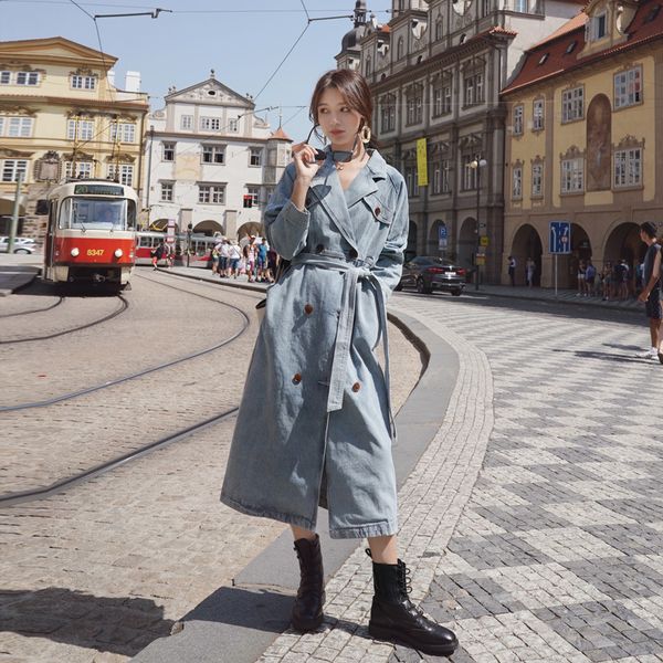 

women's trench coat 2020 new jeans coats spring elegant lapel denim belt long big size trench women double breasted windbreaker, Tan;black