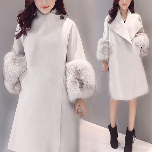 

2019 coat women wool plus size winter solid lapel button long fur sleeve coat cashmere woolen winter, Black